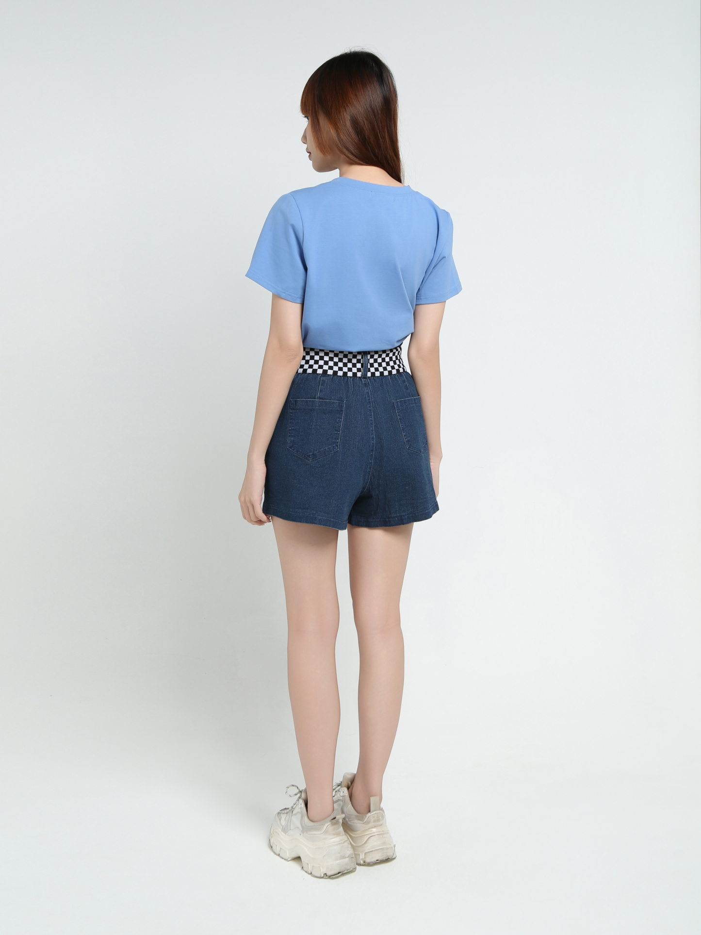 Denim Waist Decorative Checker Short Pant 34109