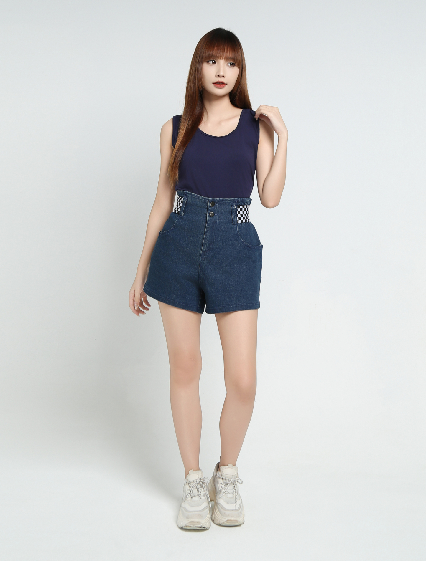 Denim Waist Decorative Checker Short Pant 34109