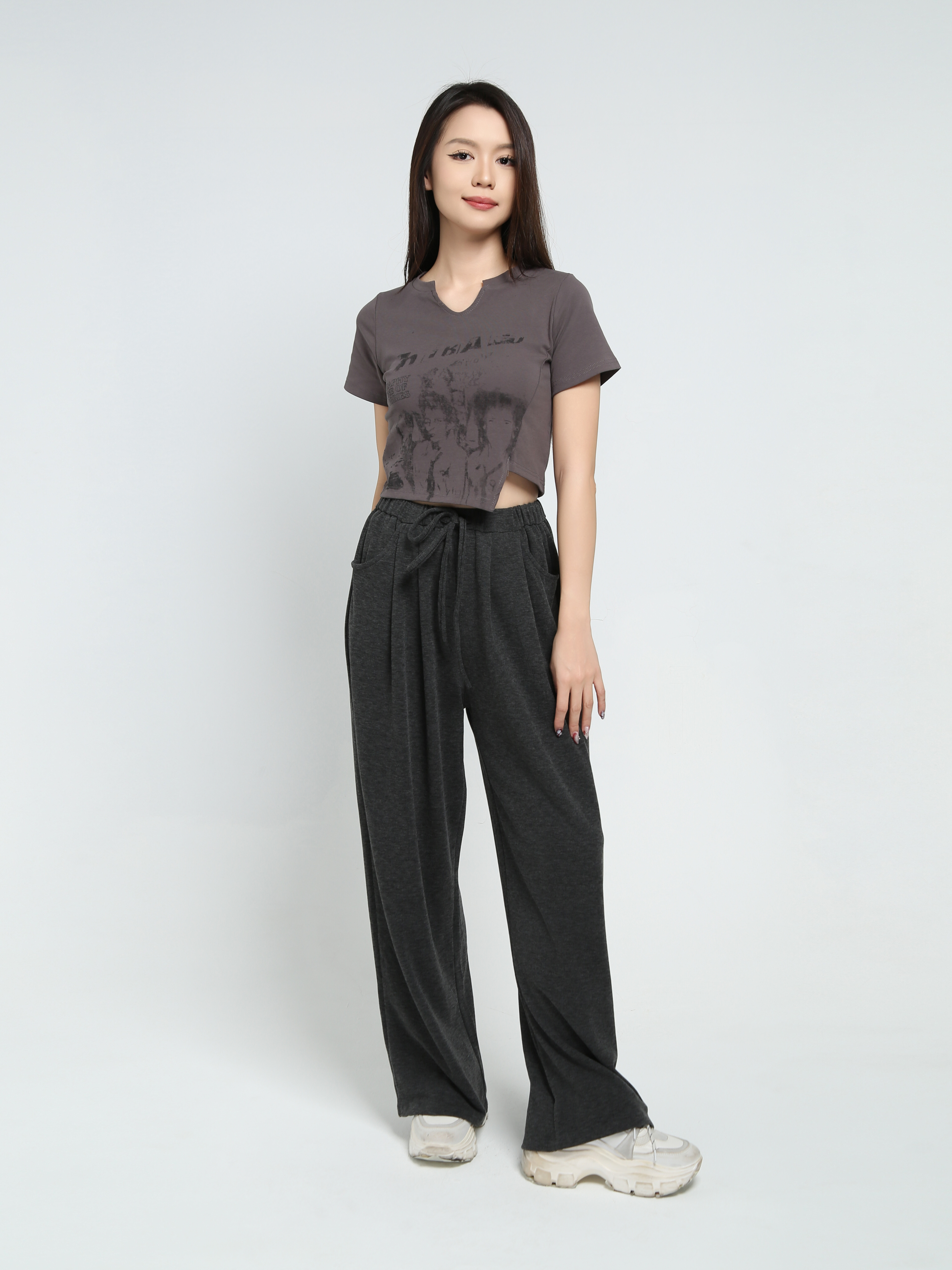 Drawstring Waist Front Pocket Long Pant 34380