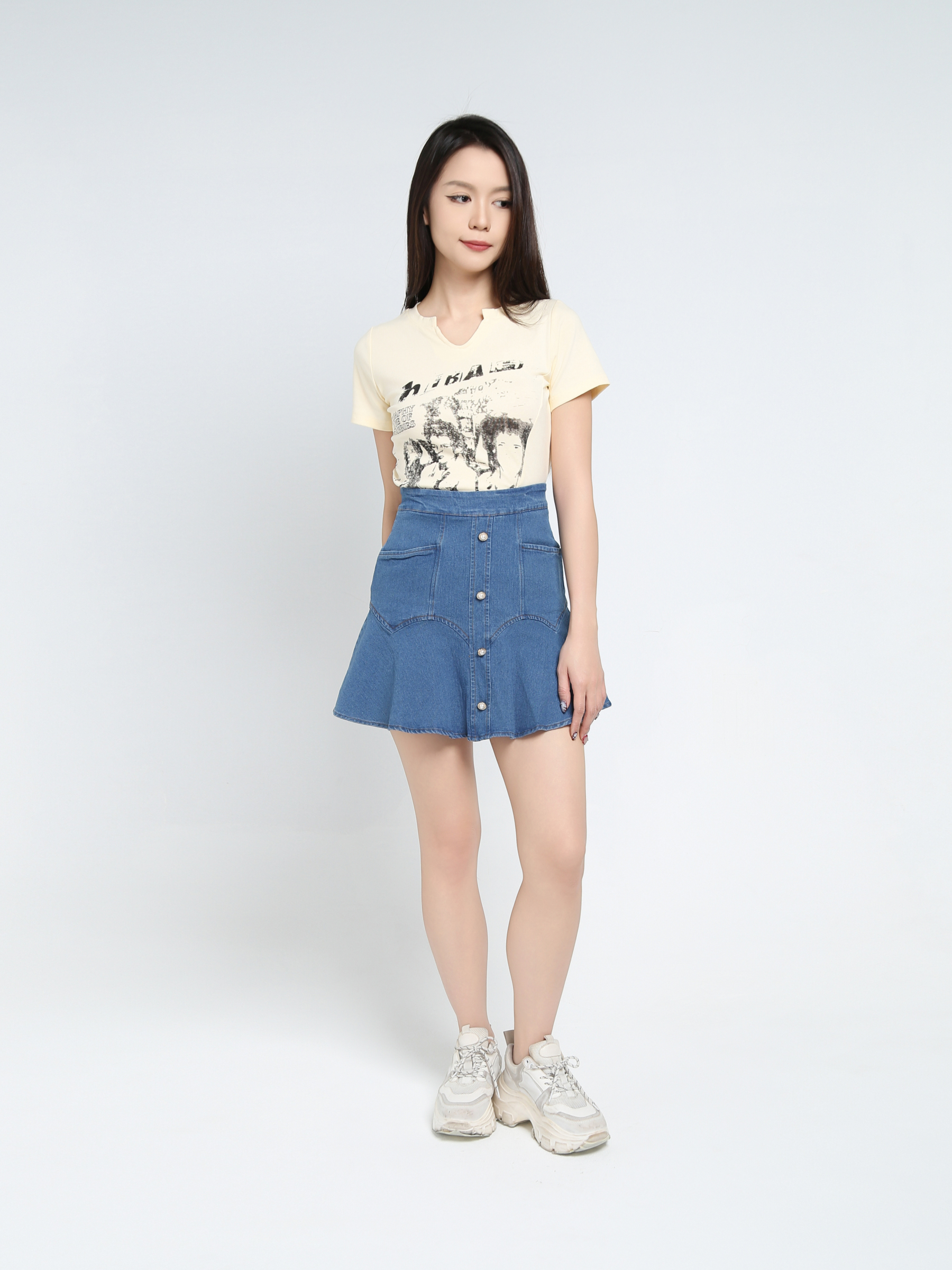 Denim Front Decorative Pearl Skirt Pant 34392