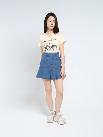 Denim Front Decorative Pearl Skirt Pant 34392