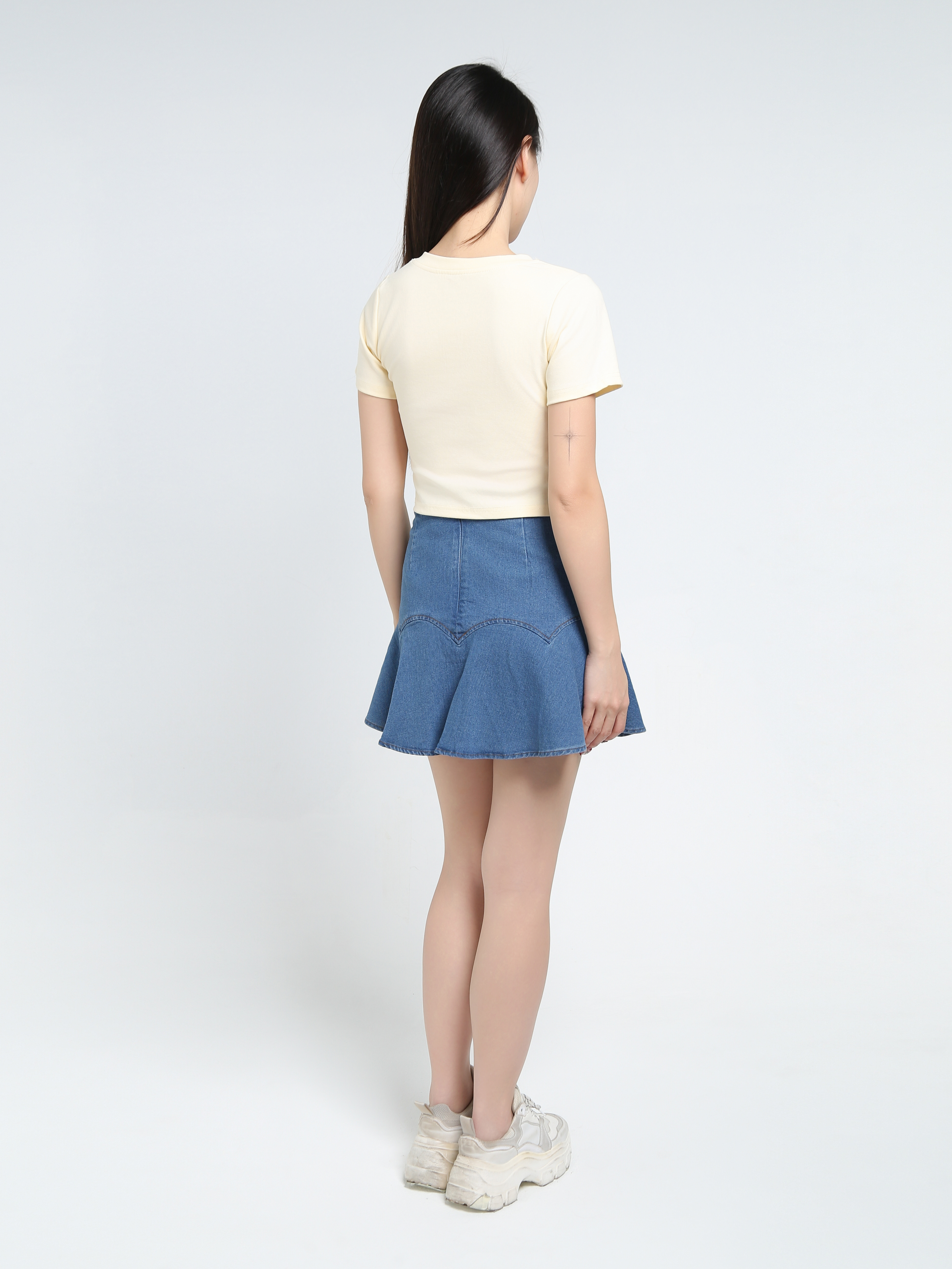 Denim Front Decorative Pearl Skirt Pant 34392