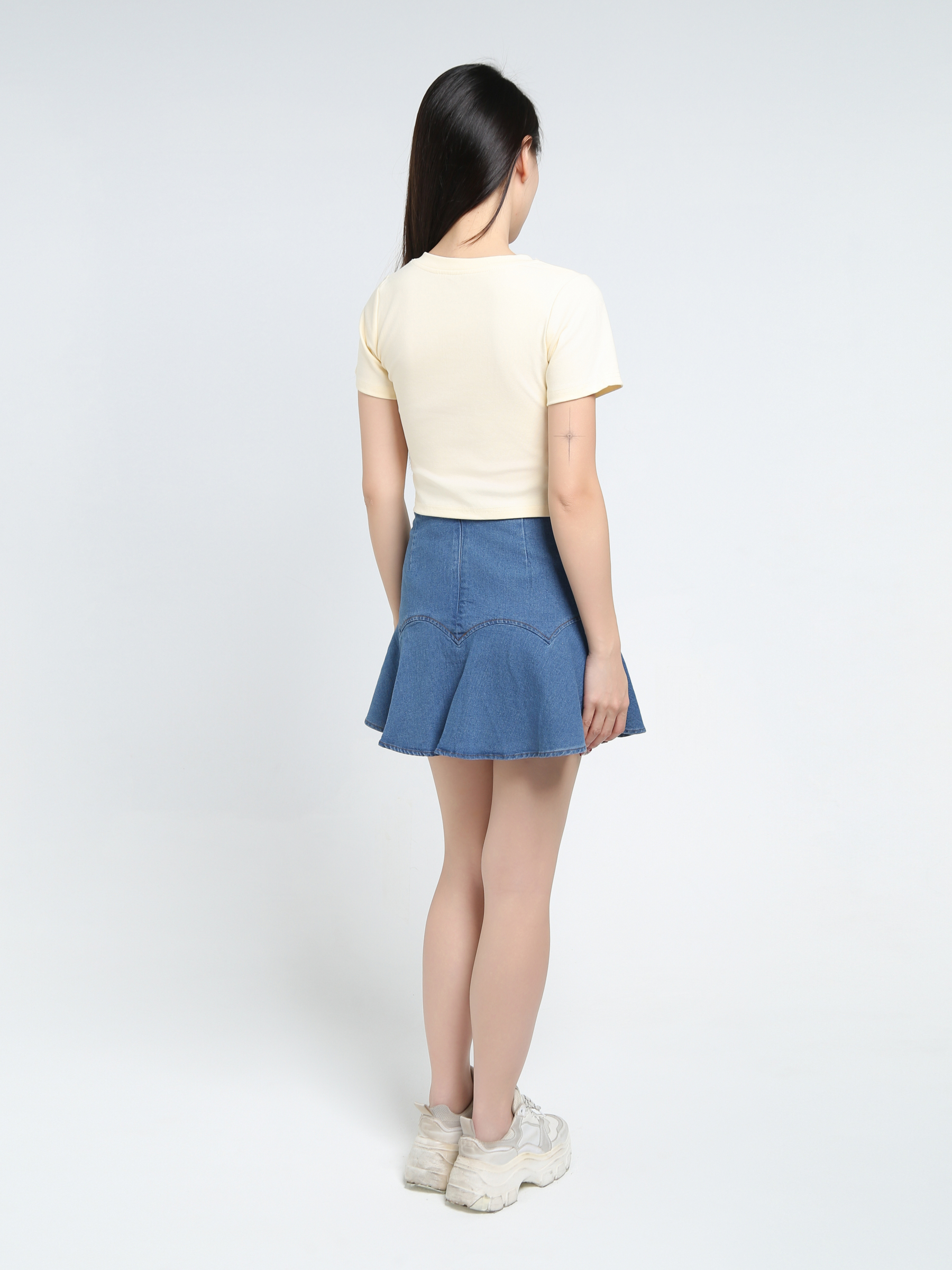 Denim Front Decorative Pearl Skirt Pant 34392