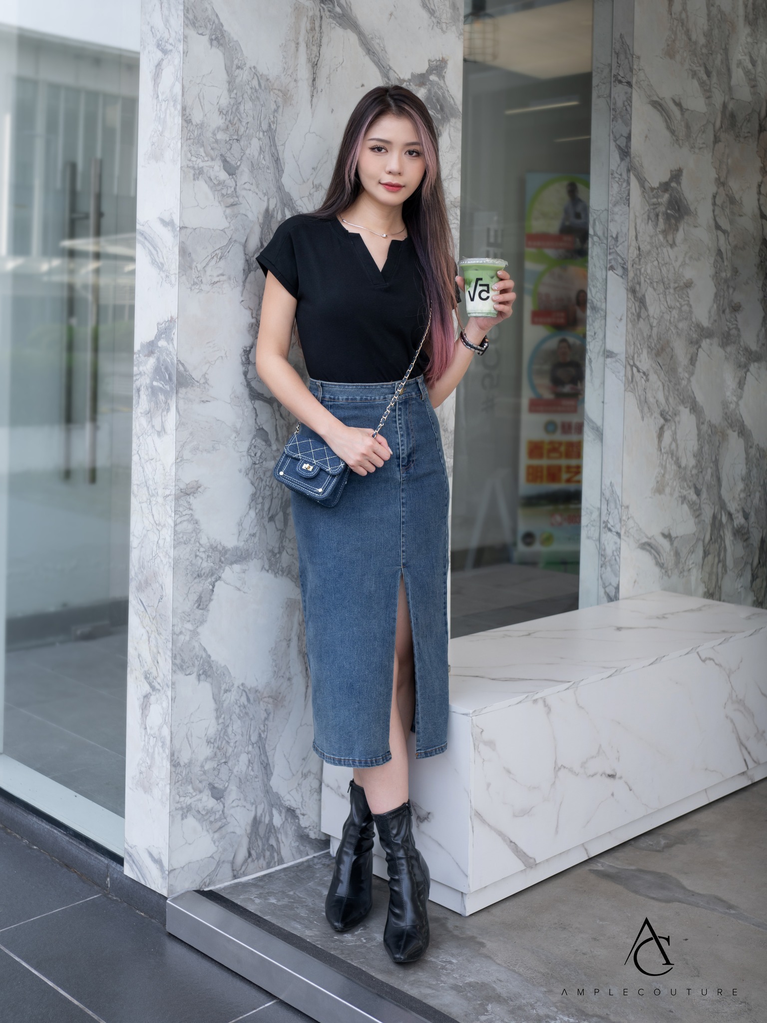 Denim Front Button Split Long Skirt 33387