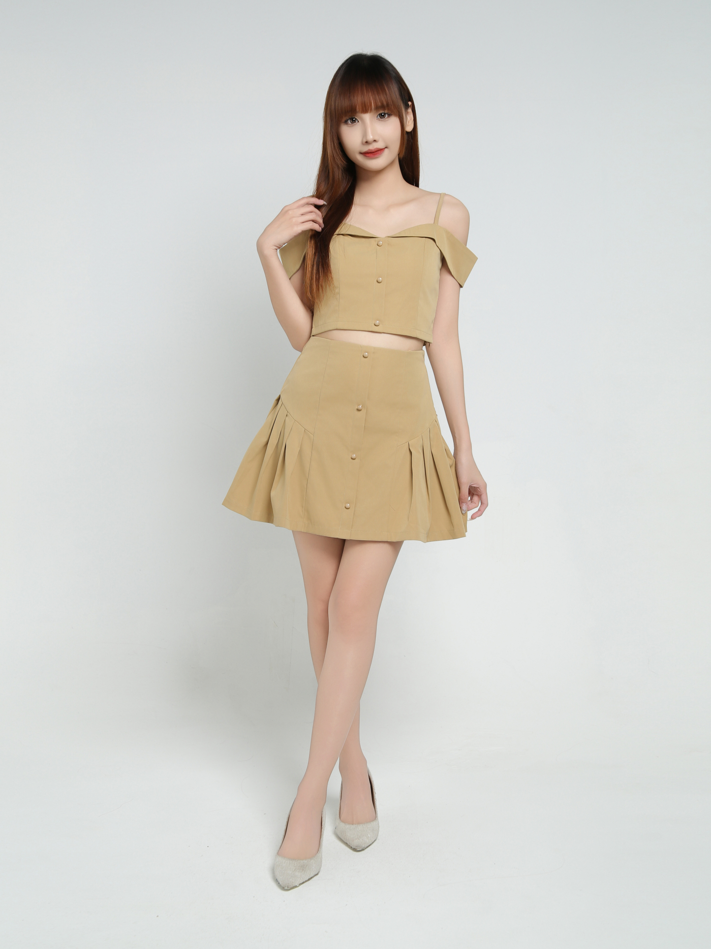 Off SHoulder With Strap Top With Skirt Pants Set 34292