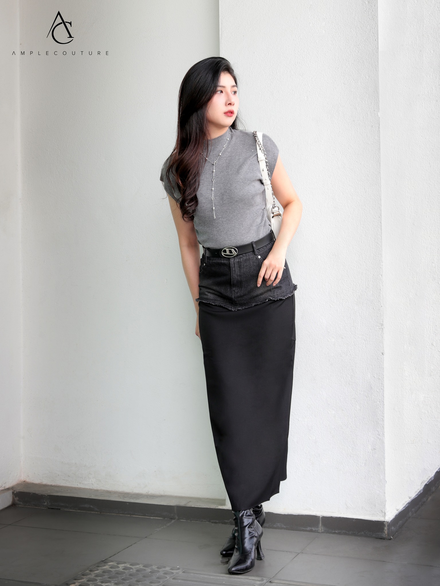 High Waist With Denim And Belt Skirt 34333