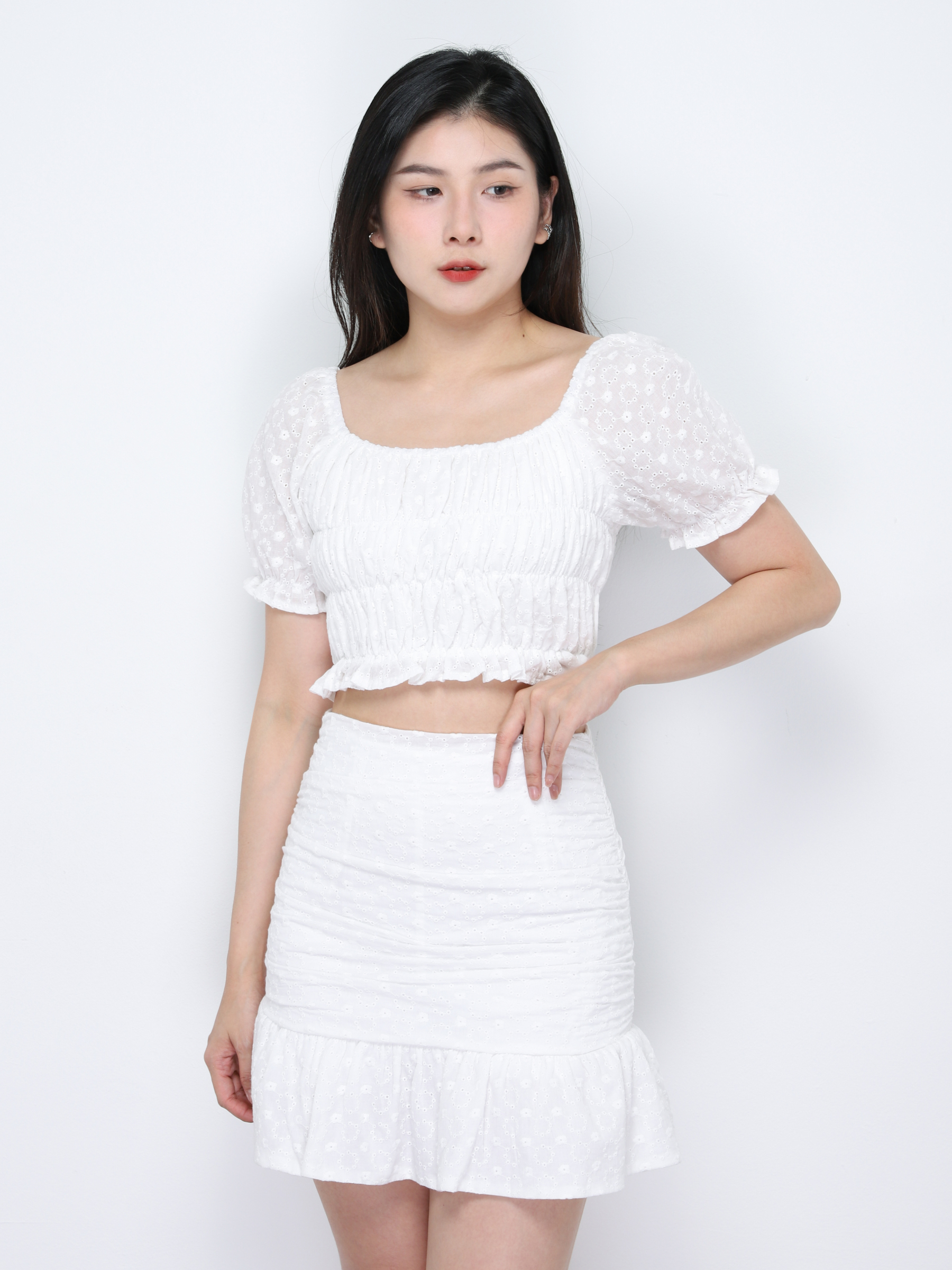 Puff Sleeve Top With Skirt Pant Set 34384