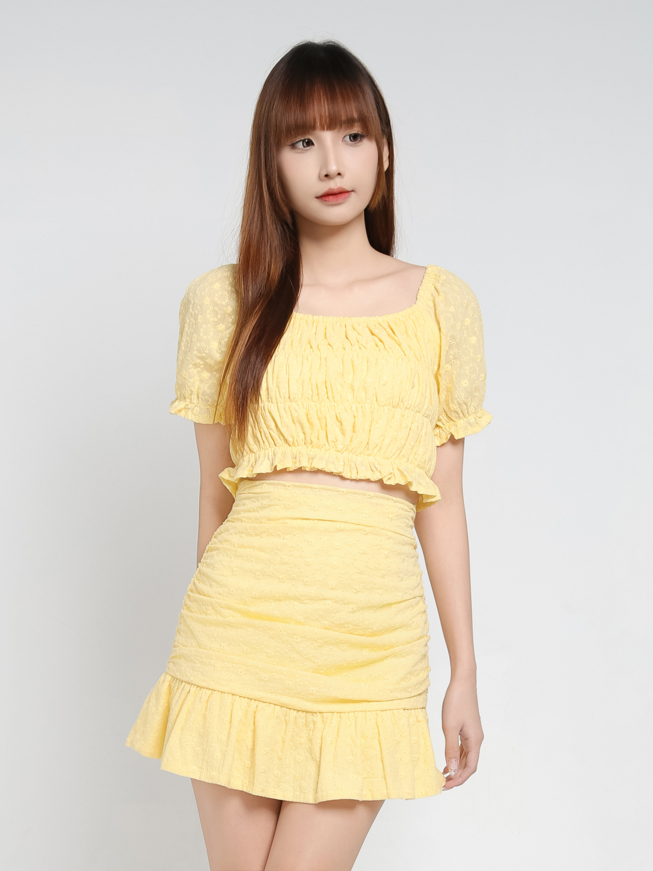 Puff Sleeve Top With Skirt Pant Set 34384