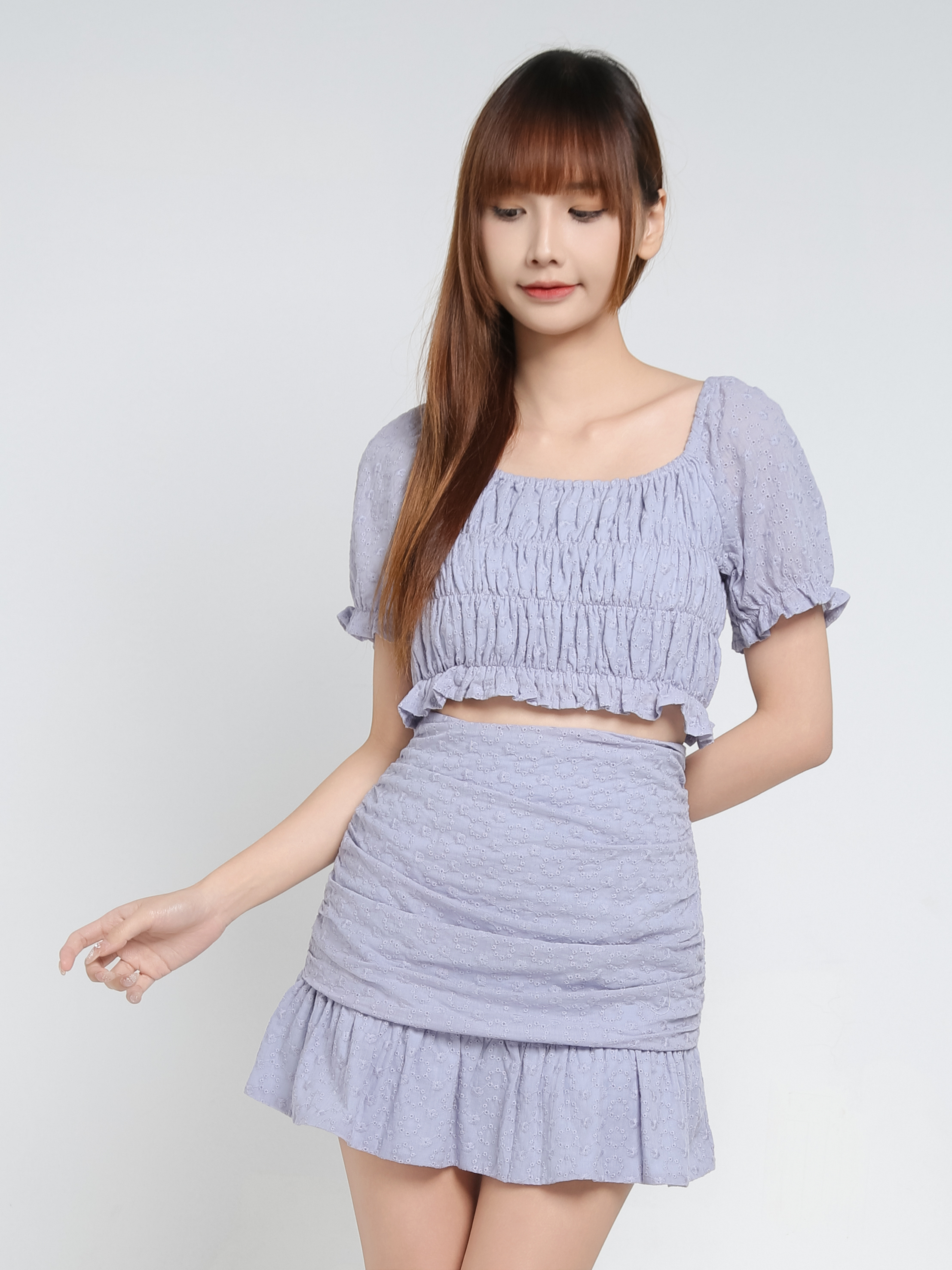 Puff Sleeve Top With Skirt Pant Set 34384