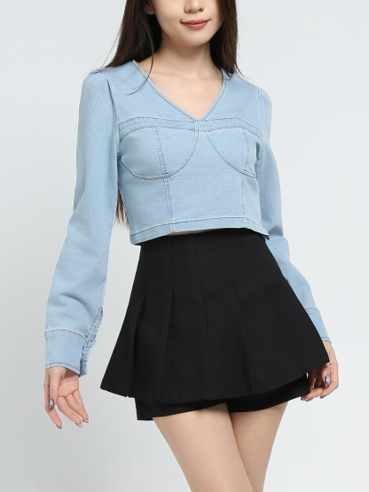 Denim V Neck Long Sleeve Top 34499