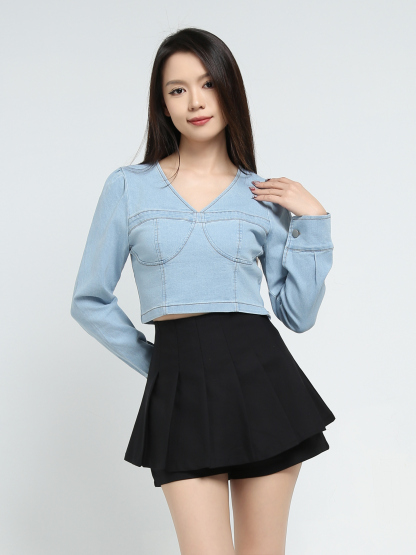Denim V Neck Long Sleeve Top 34499