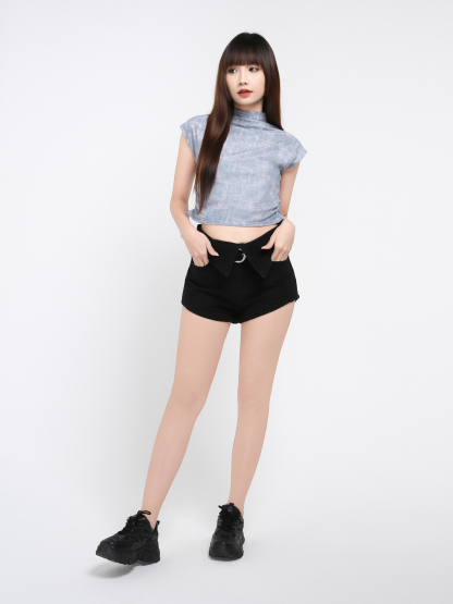 Denim Collar With Belt Short Pants 23287