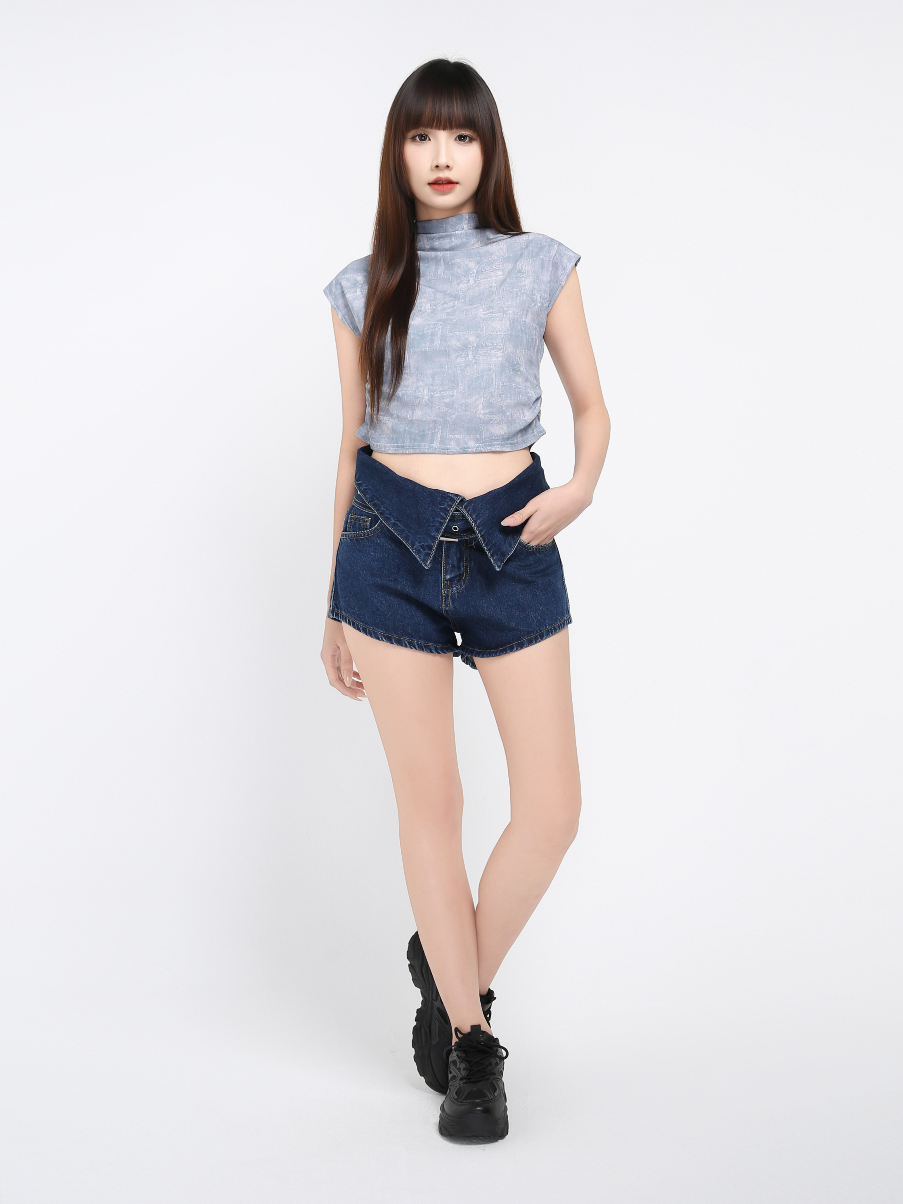 Denim Collar With Belt Short Pants 23287