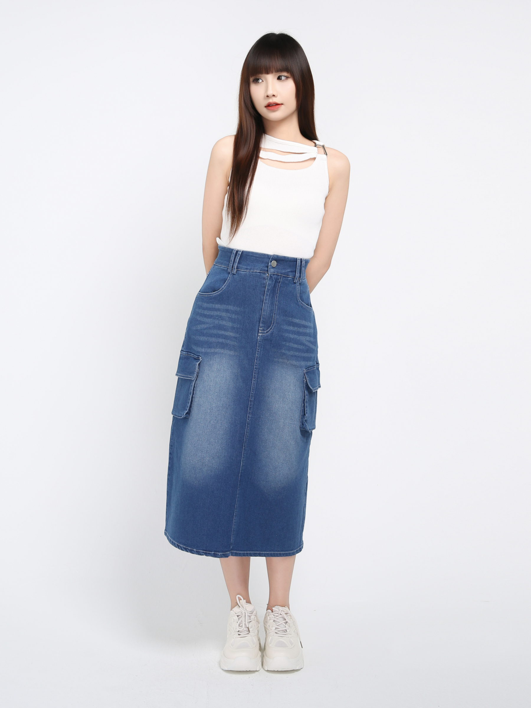 Denim Side Pocket Long Skirt 37849