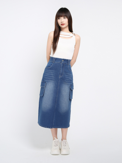 Denim Side Pocket Long Skirt 37849