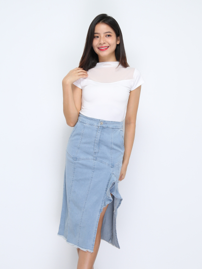Denim With Split And Ruffles Skirt 36556