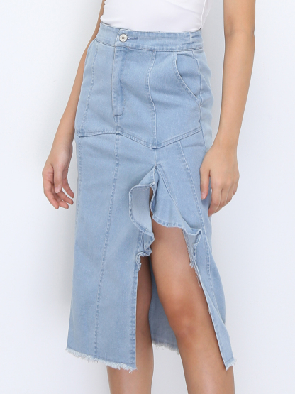 Denim With Split And Ruffles Skirt 36556