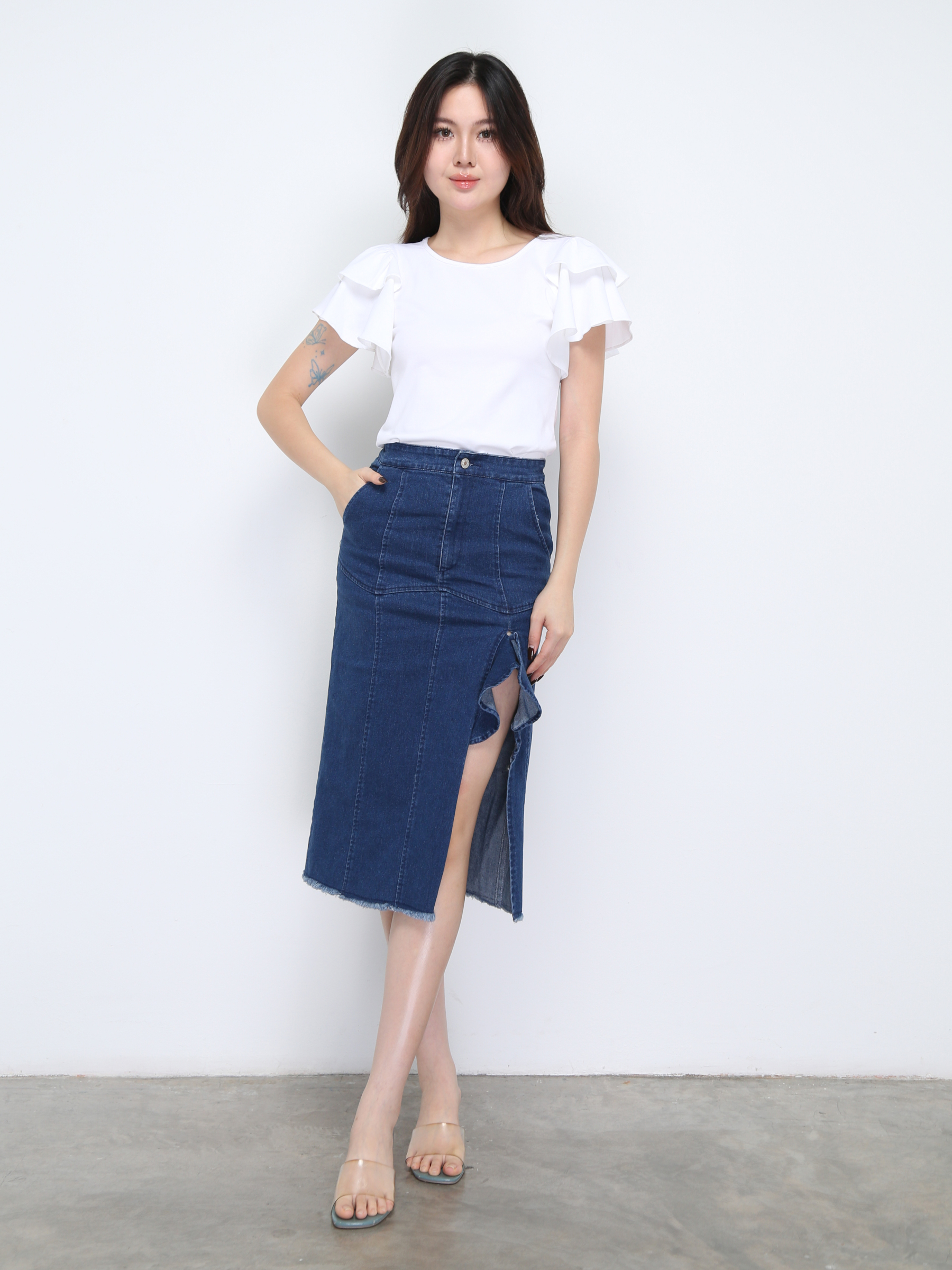 Denim With Split And Ruffles Skirt 36556