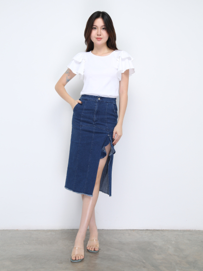 Denim With Split And Ruffles Skirt 36556