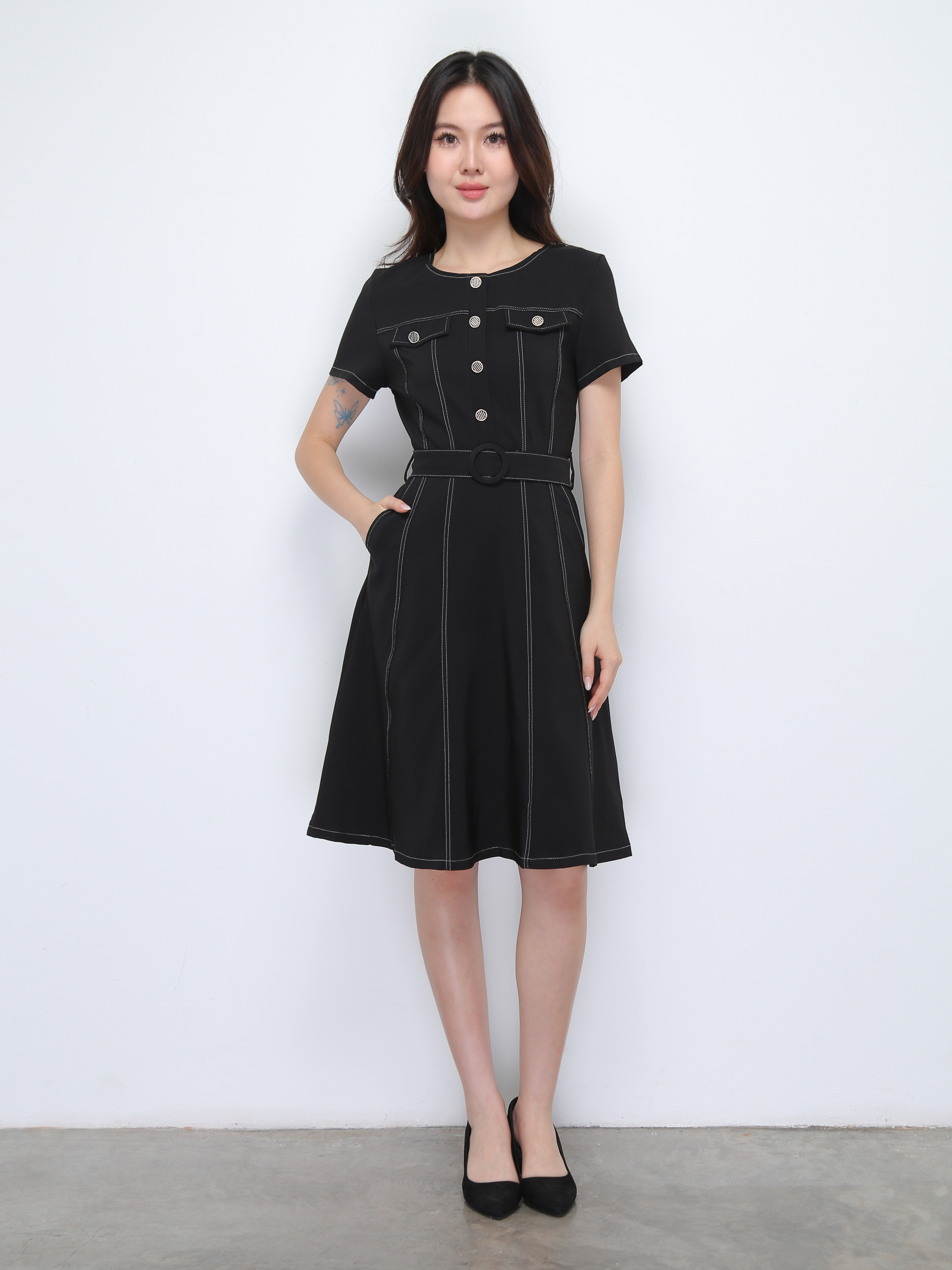 Short Sleeve Front Button Dress With Belt 36913