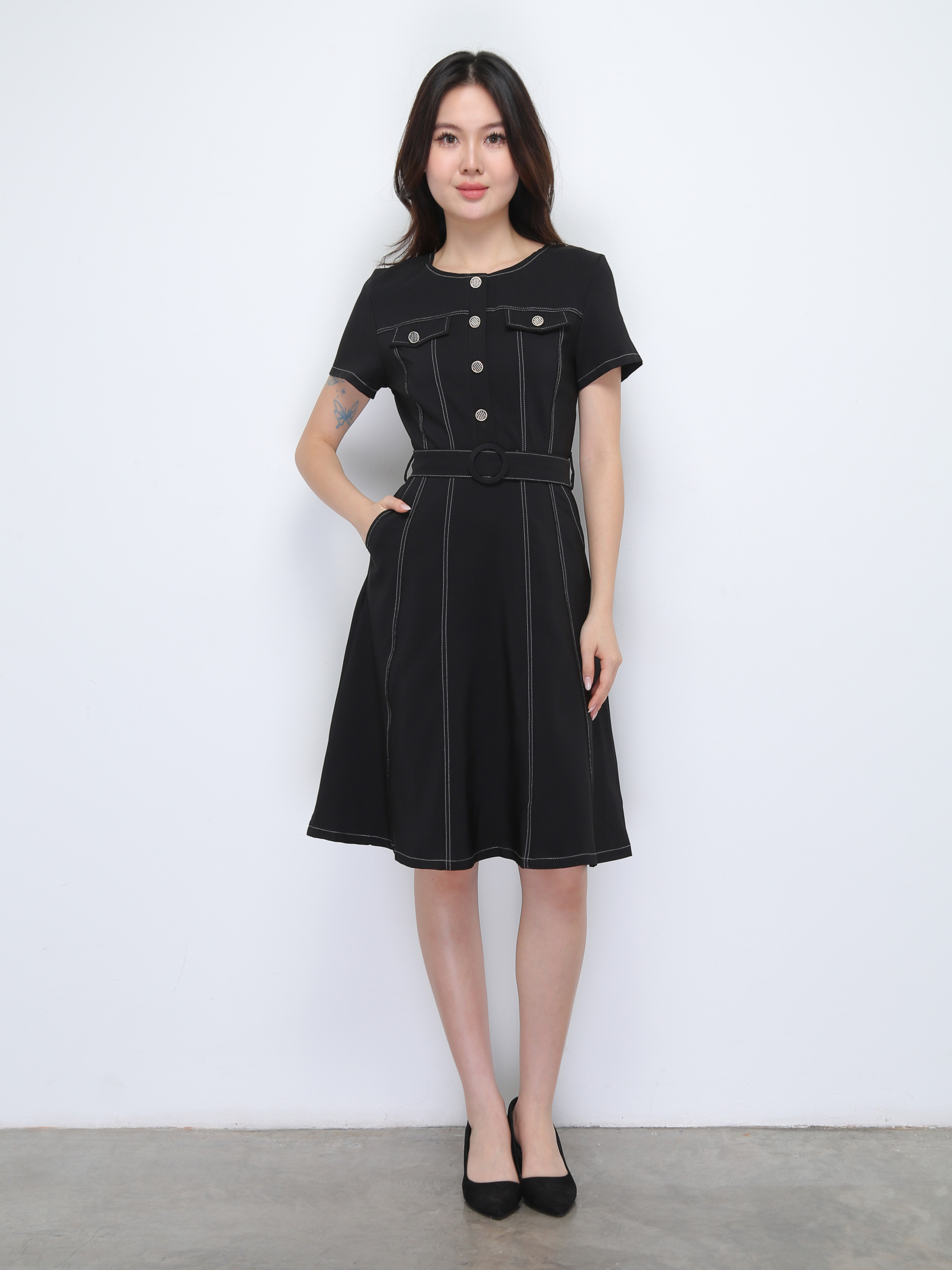 Short Sleeve Front Button Dress With Belt 36913
