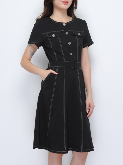 Short Sleeve Front Button Dress With Belt 36913