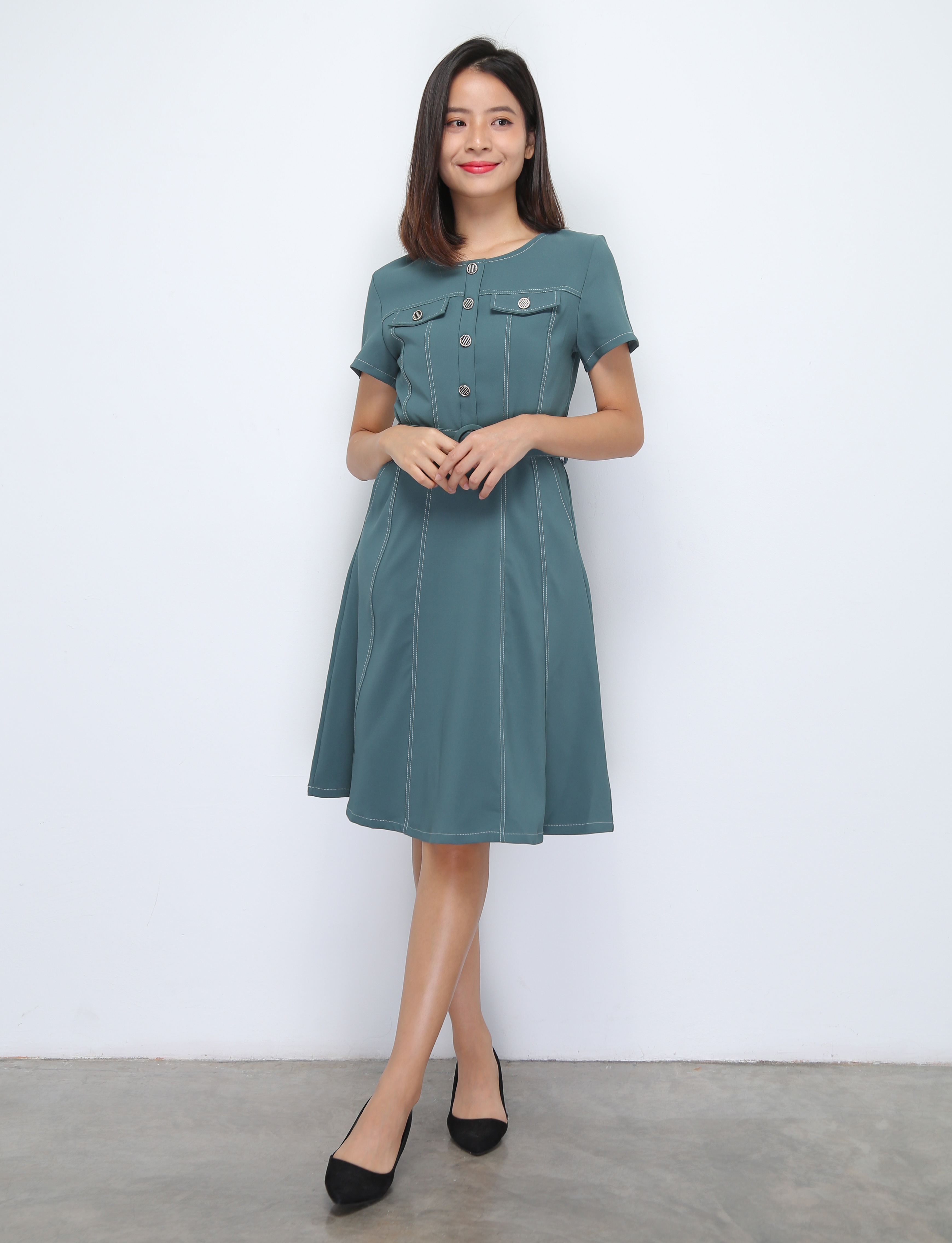 Short Sleeve Front Button Dress With Belt 36913