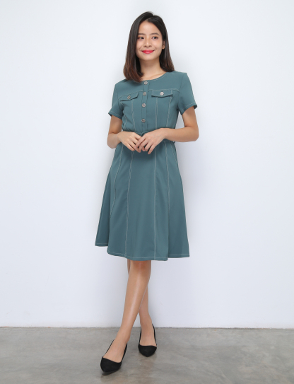 Short Sleeve Front Button Dress With Belt 36913