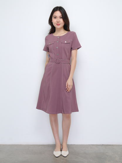 Short Sleeve Front Button Dress With Belt 36913