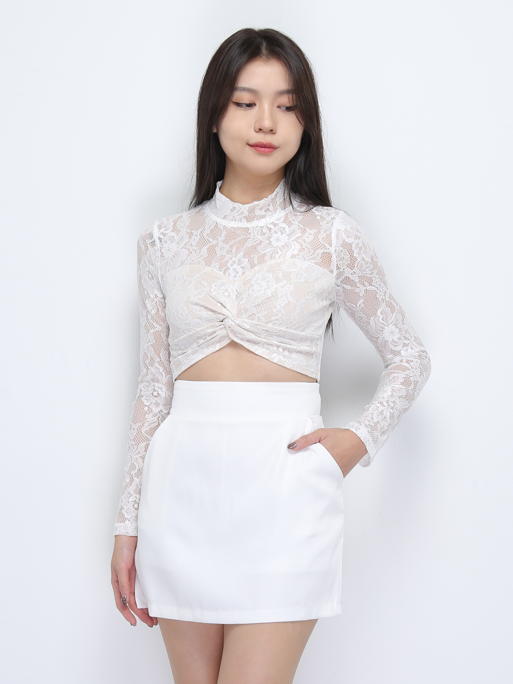 Lace Long Sleeve Top With Skirt Pant Set 36917