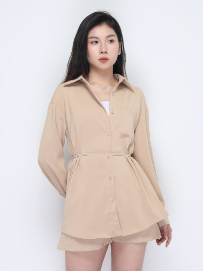 Long Sleeve Front Button Top With Short Pant Set 37105
