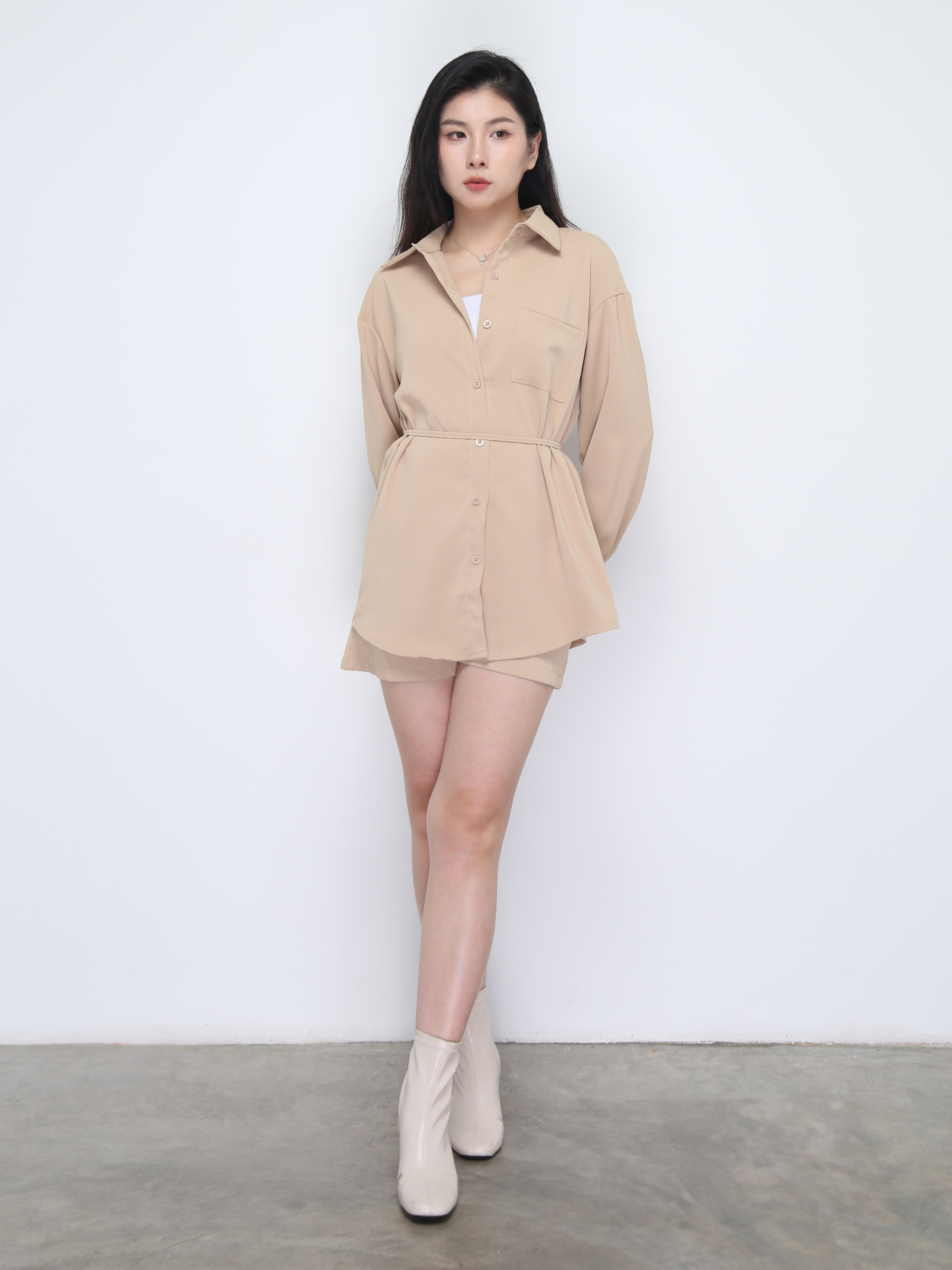 Long Sleeve Front Button Top With Short Pant Set 37105