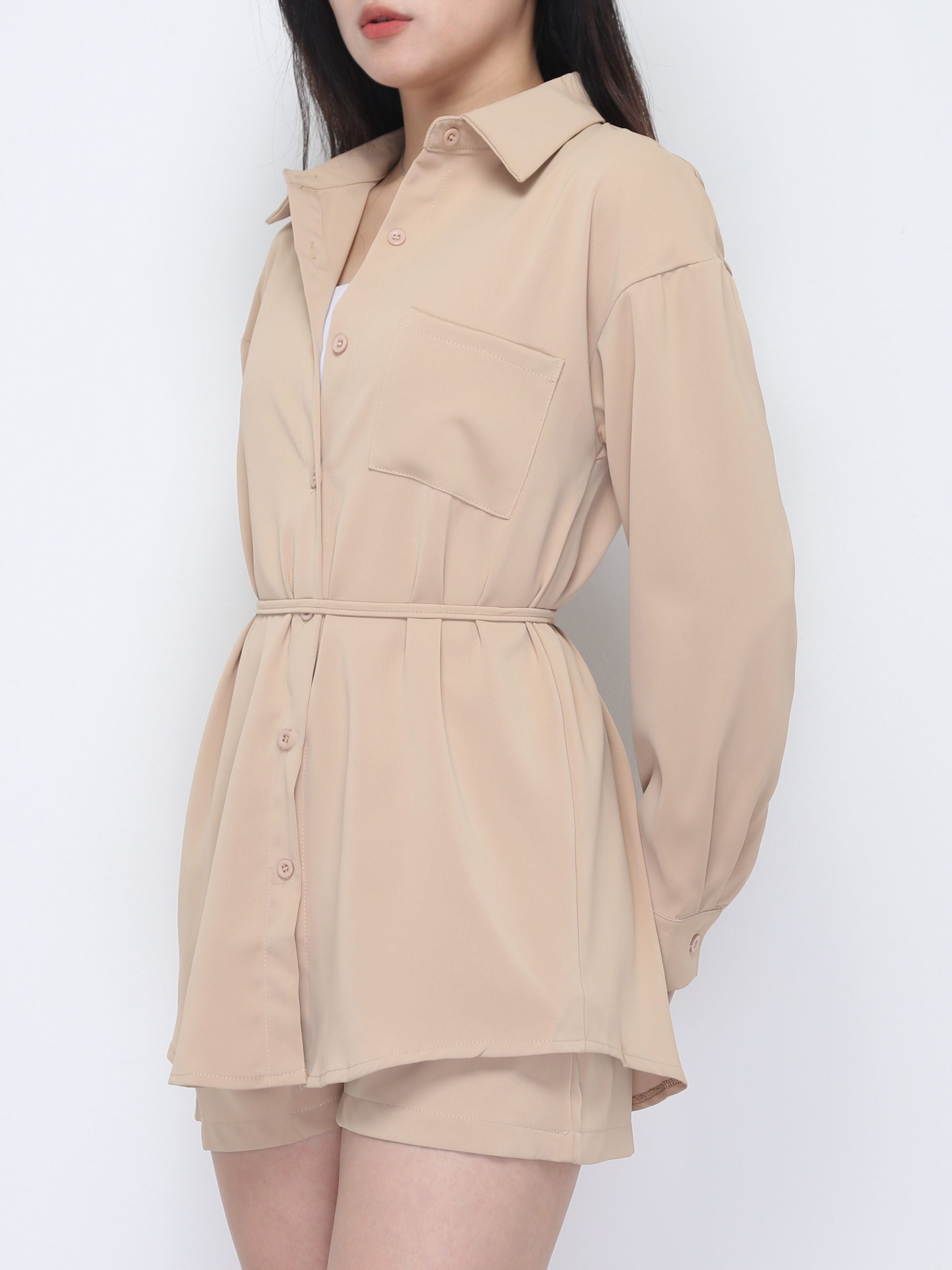 Long Sleeve Front Button Top With Short Pant Set 37105