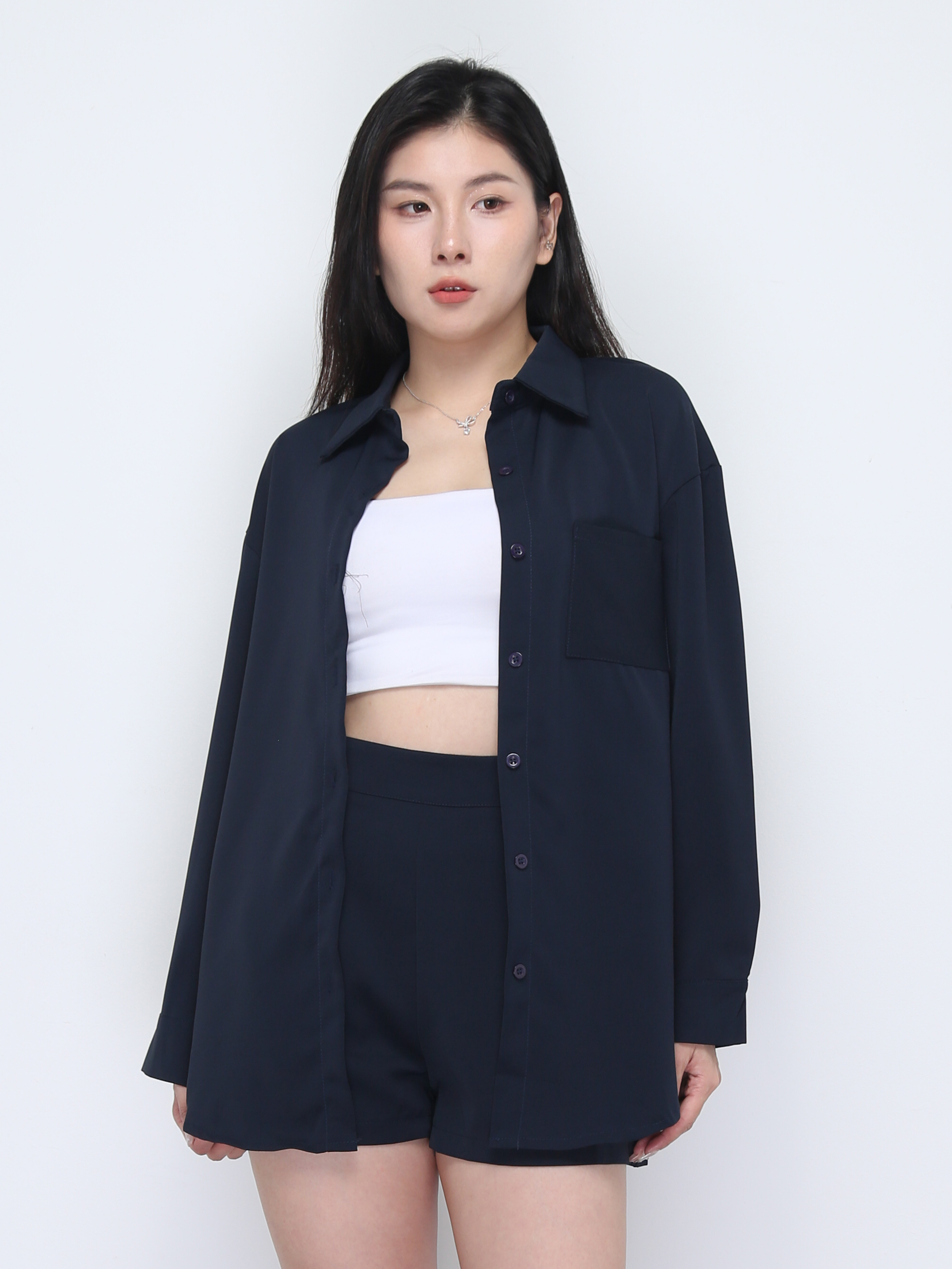 Long Sleeve Front Button Top With Short Pant Set 37105