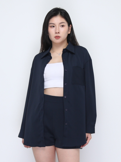 Long Sleeve Front Button Top With Short Pant Set 37105