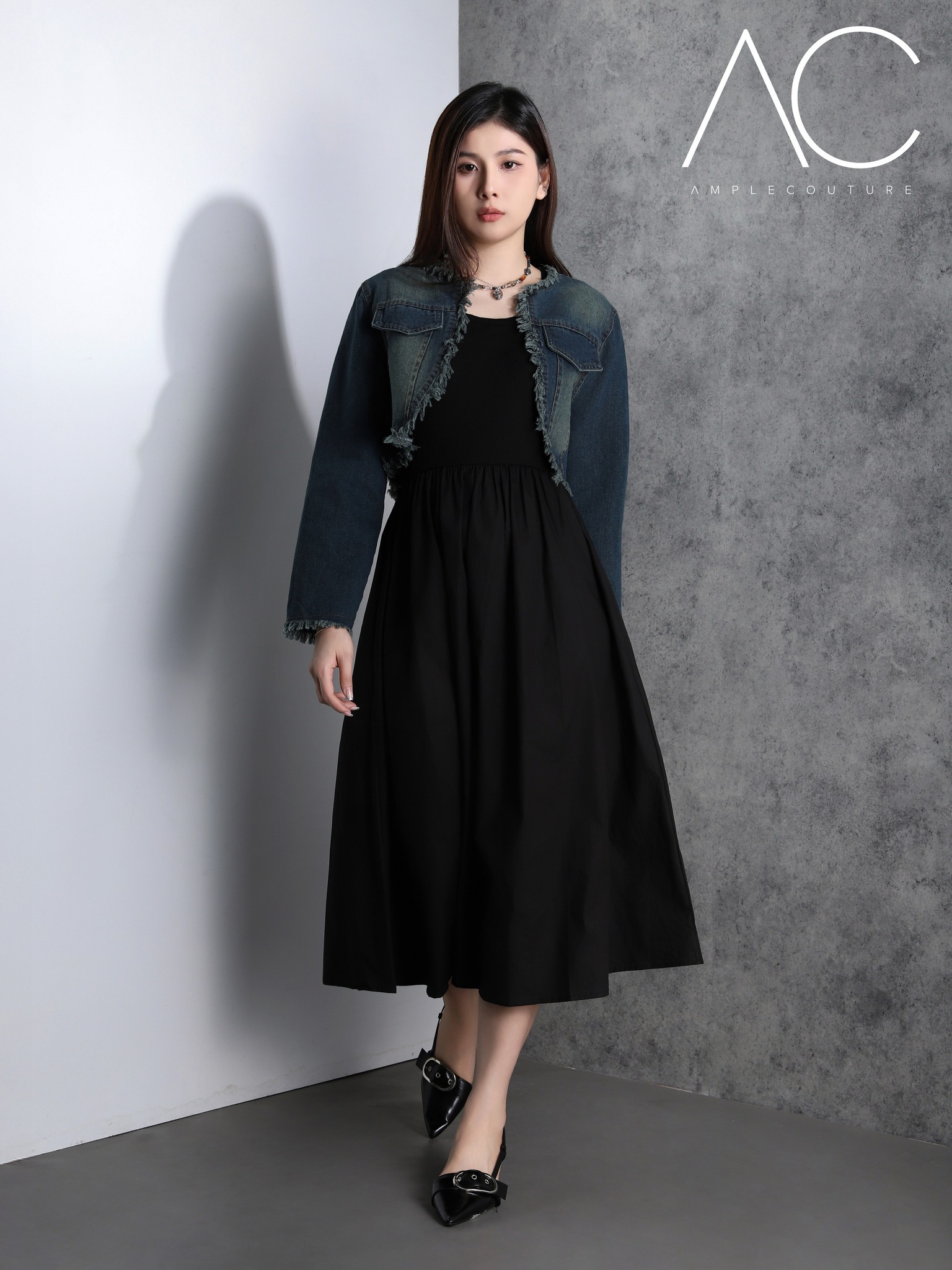 Denim outer With Dress Set 37114