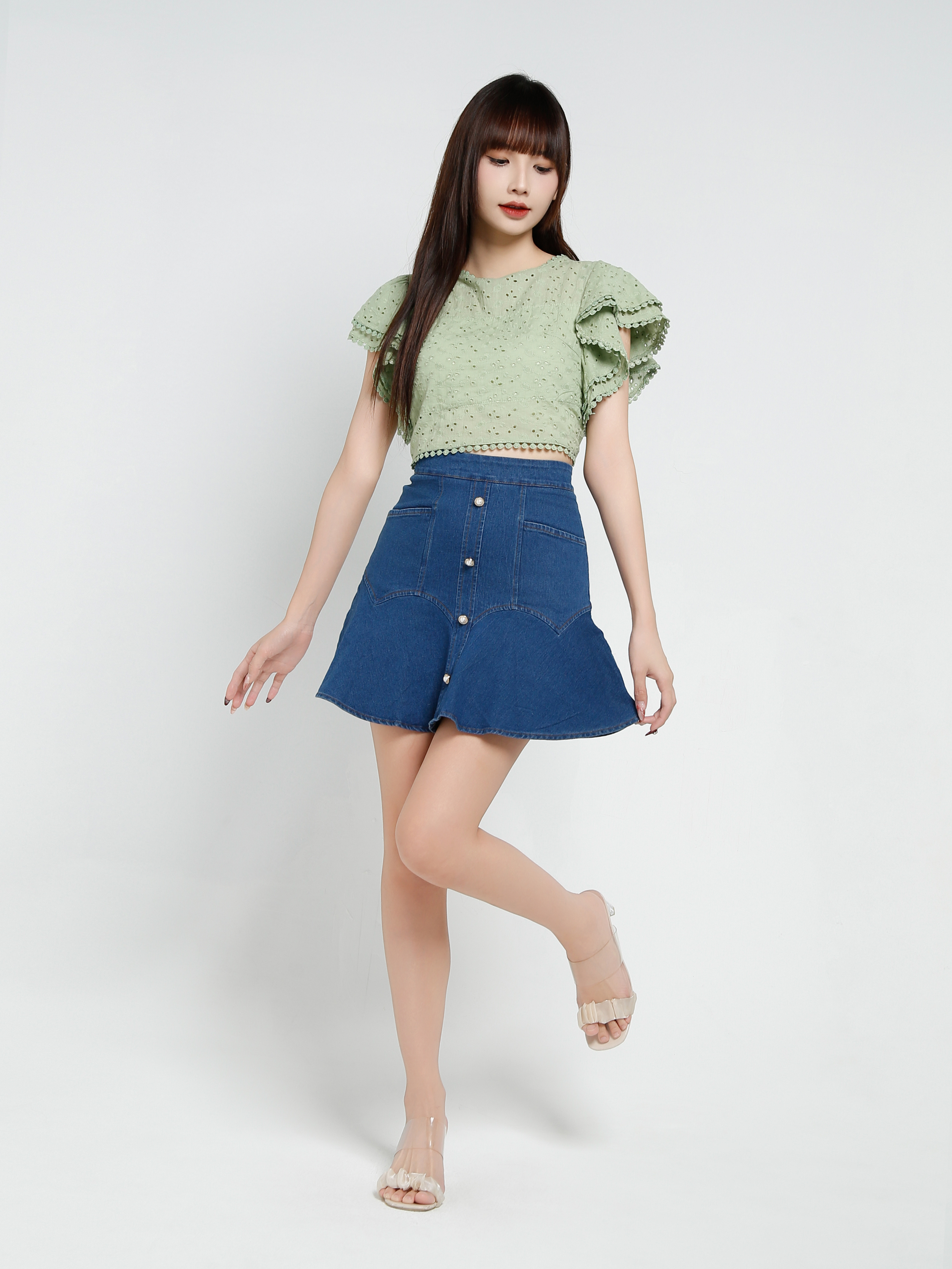 Denim Front Decorative Pearl Skirt Pant 34392