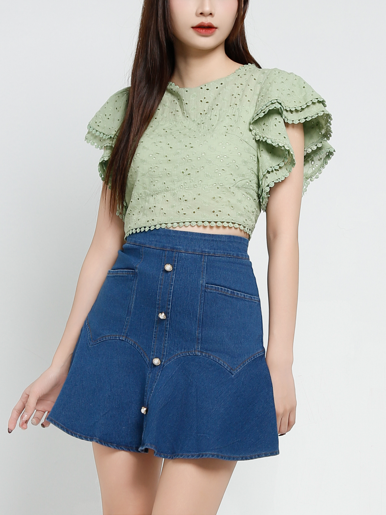 Denim Front Decorative Pearl Skirt Pant 34392