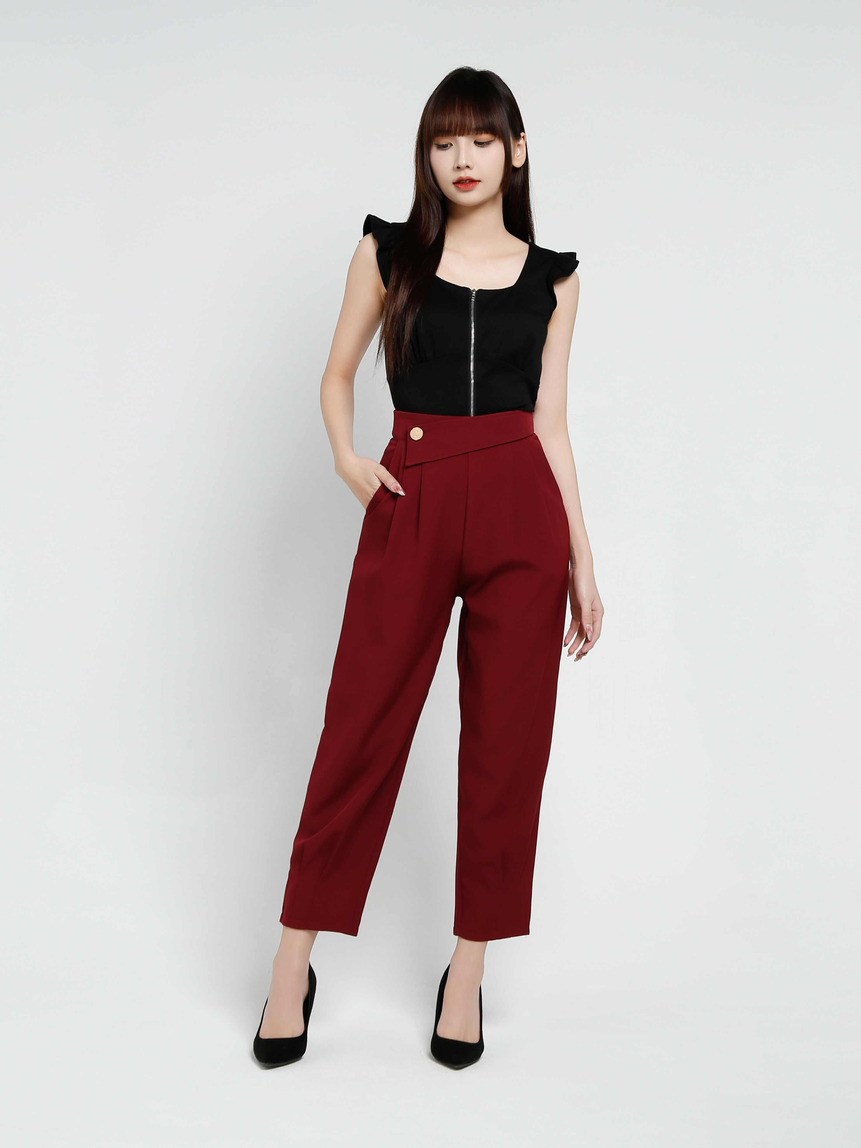 High Waist Side Pocket Long Pants 34241