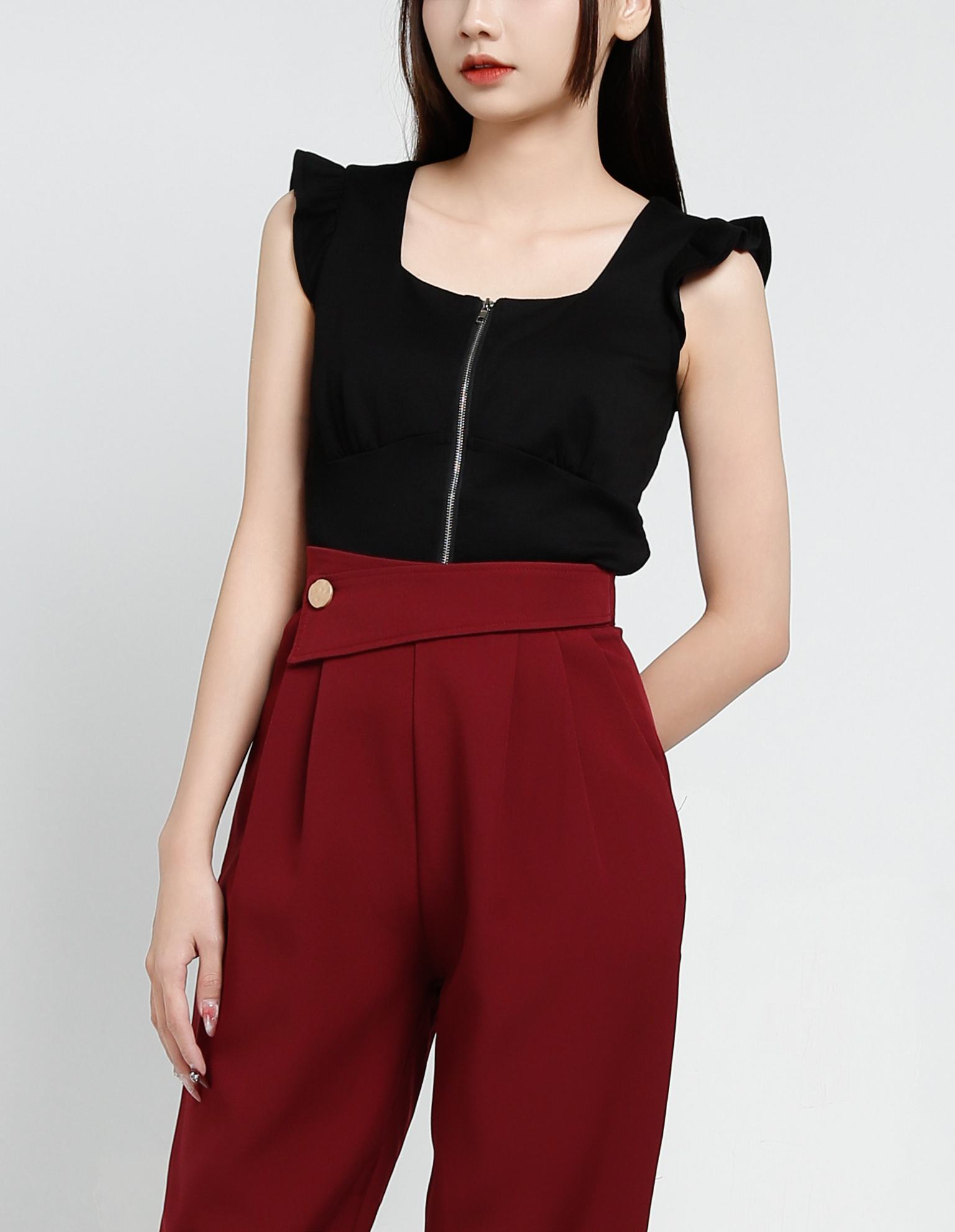 High Waist Side Pocket Long Pants 34241