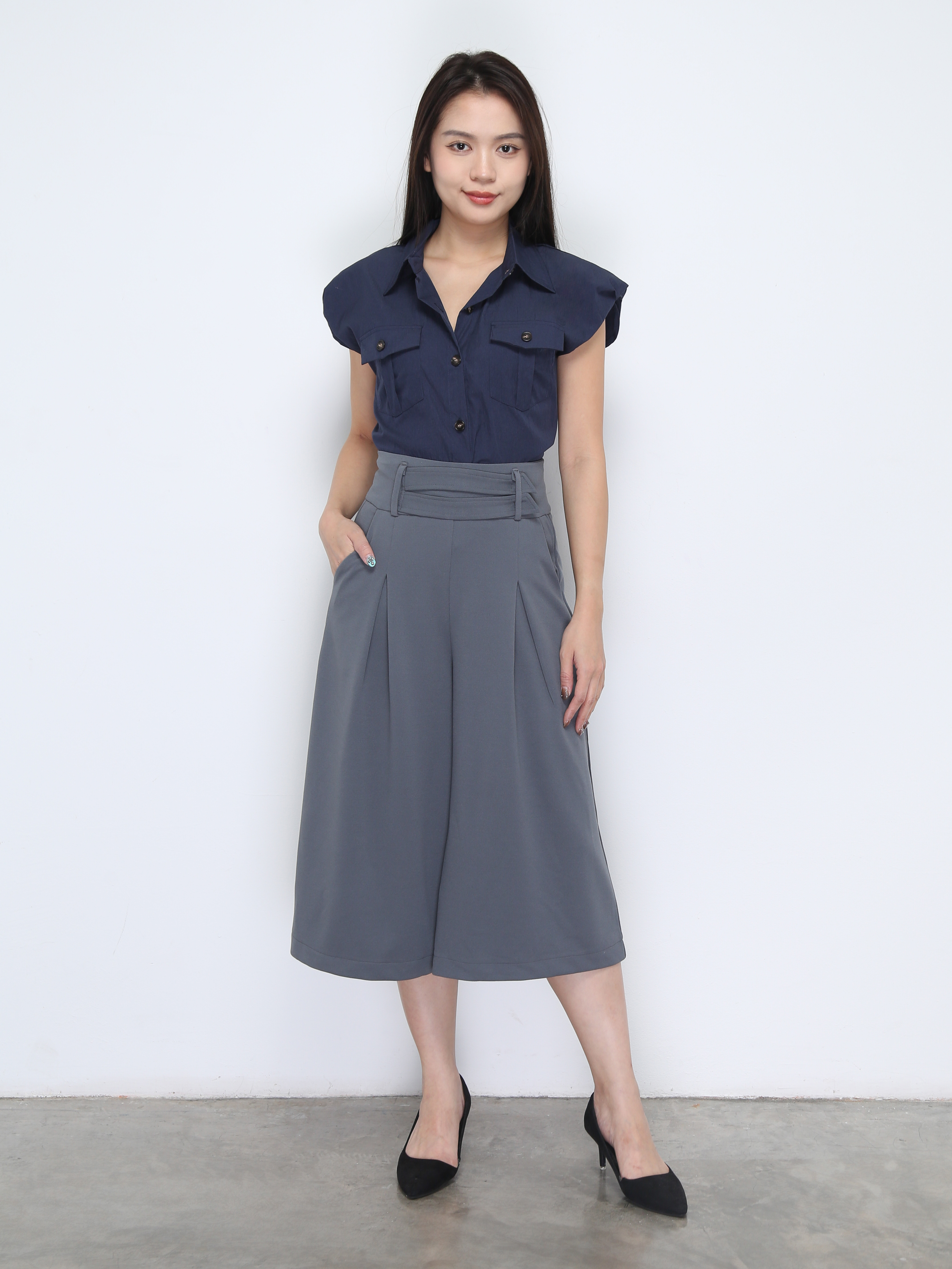 High Waist Back Zip Front Pocket Long Pant 37256