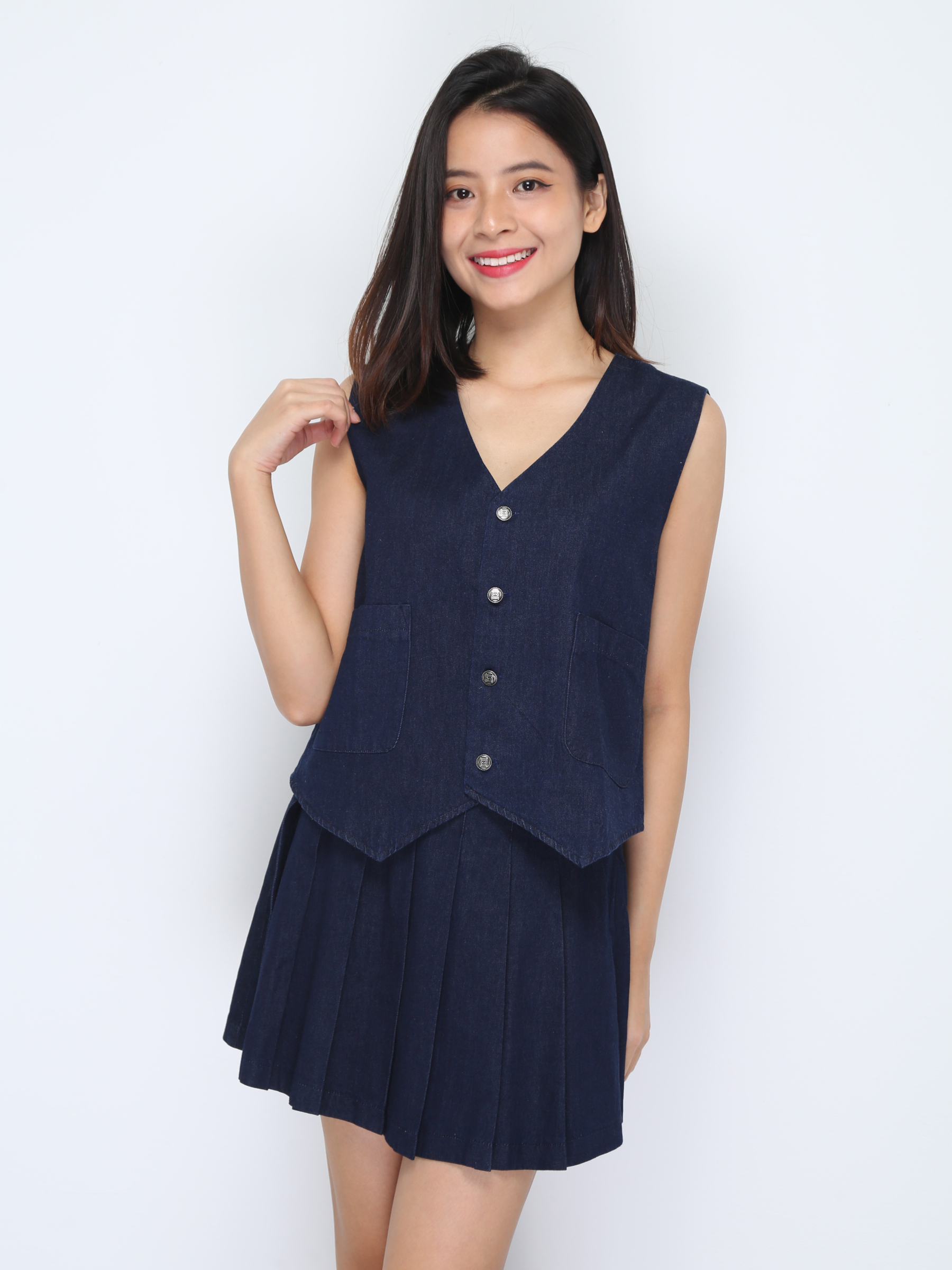 Denim Sleeveless Top With Skirt Pant Set 37267