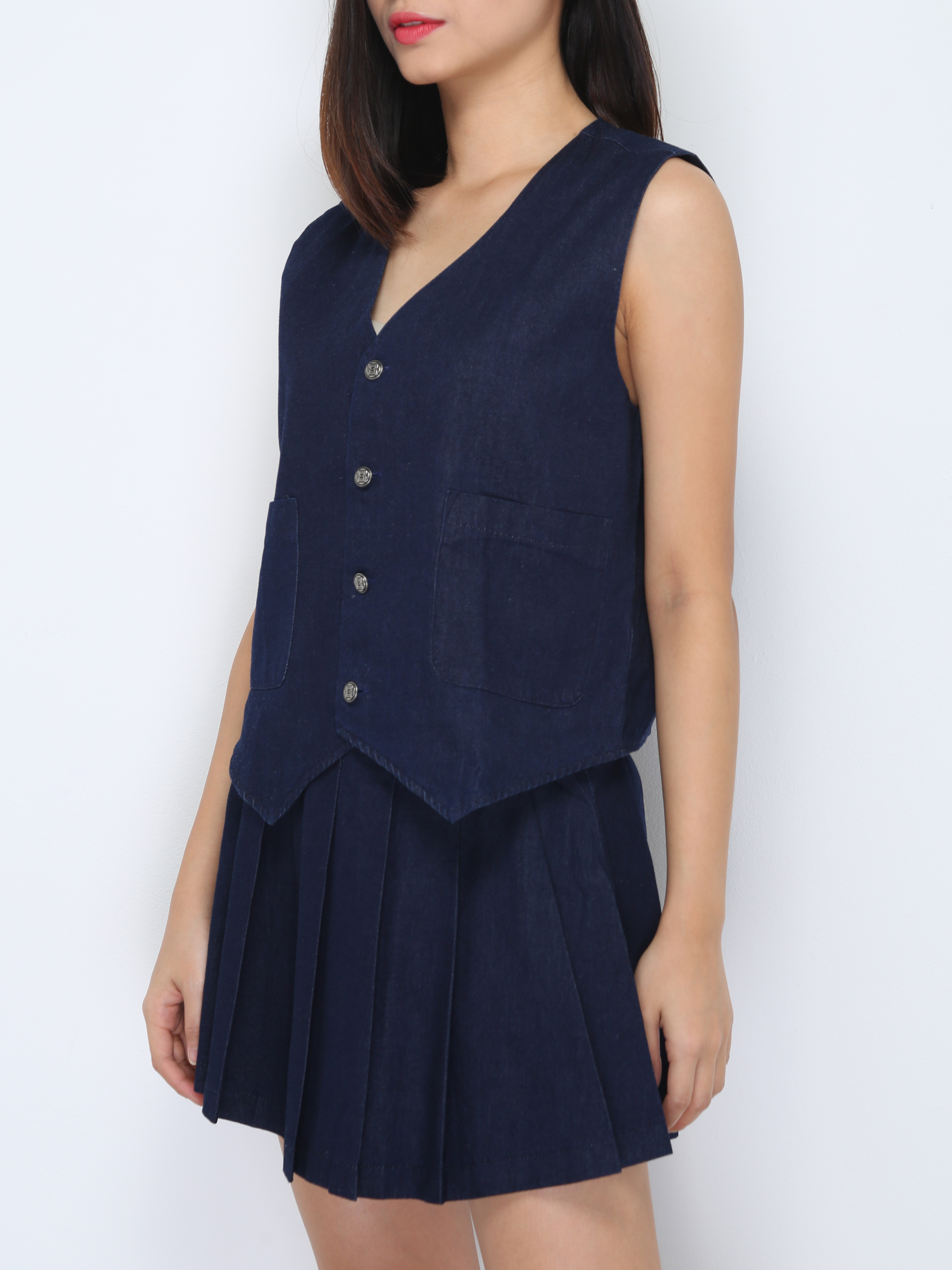 Denim Sleeveless Top With Skirt Pant Set 37267