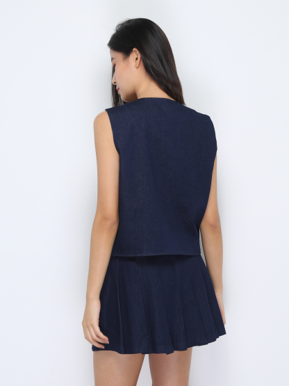 Denim Sleeveless Top With Skirt Pant Set 37267