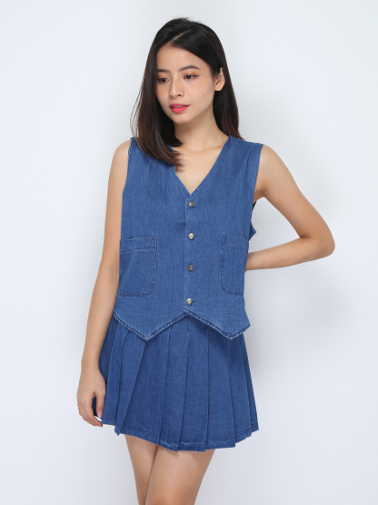 Denim Sleeveless Top With Skirt Pant Set 37267