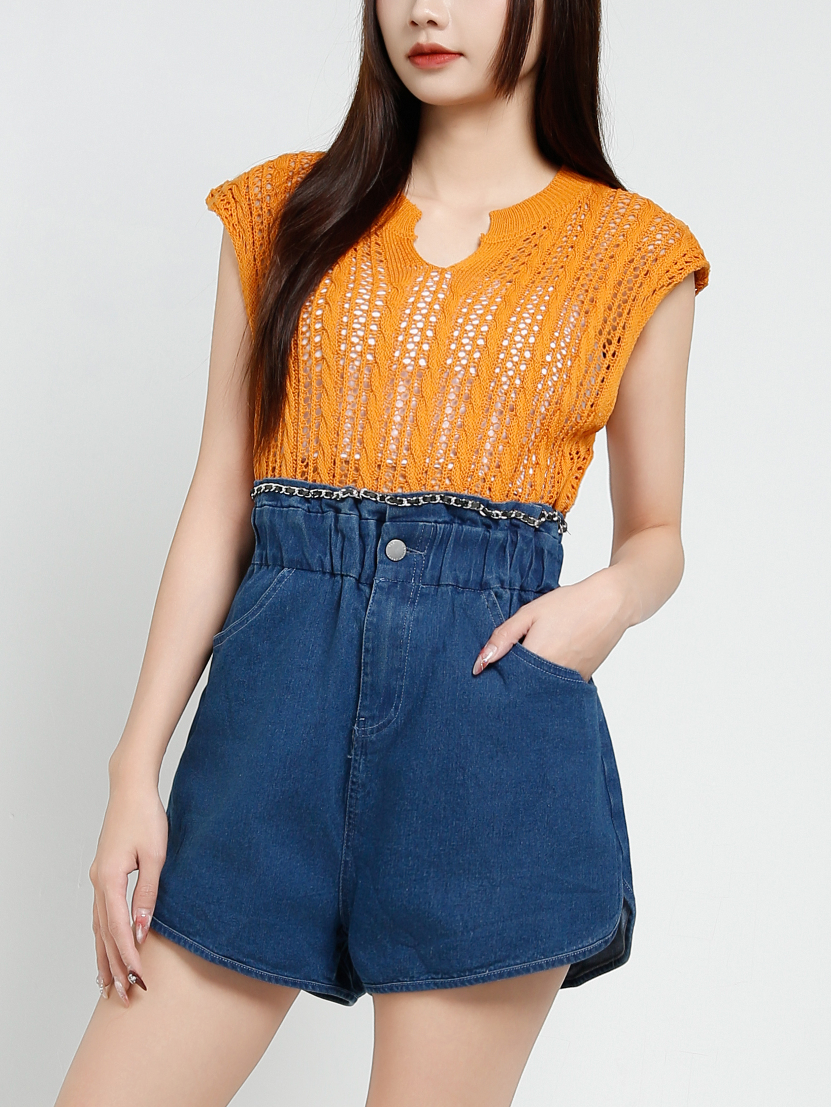 Denim High Waist Side Pocket Short Pant 37493