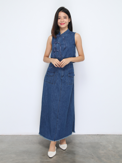 Denim Sleeveless Top With Long Skirt Set 37275