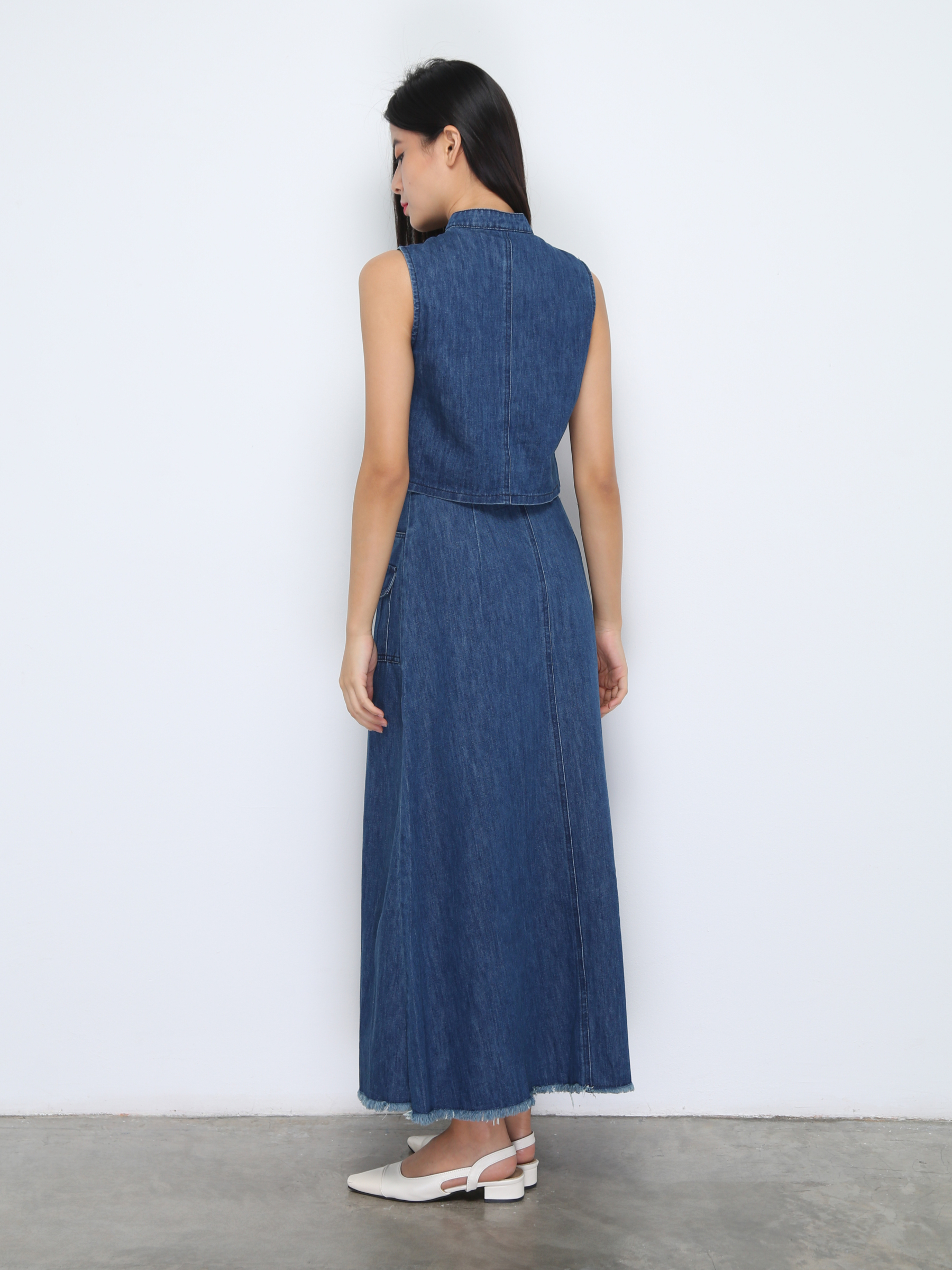 Denim Sleeveless Top With Long Skirt Set 37275