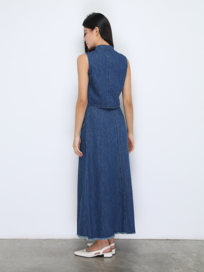 Denim Sleeveless Top With Long Skirt Set 37275