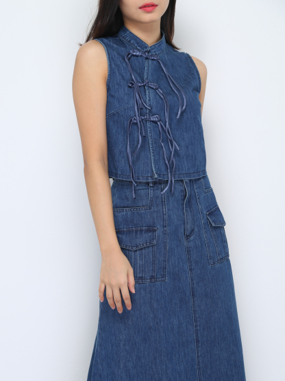 Denim Sleeveless Top With Long Skirt Set 37275